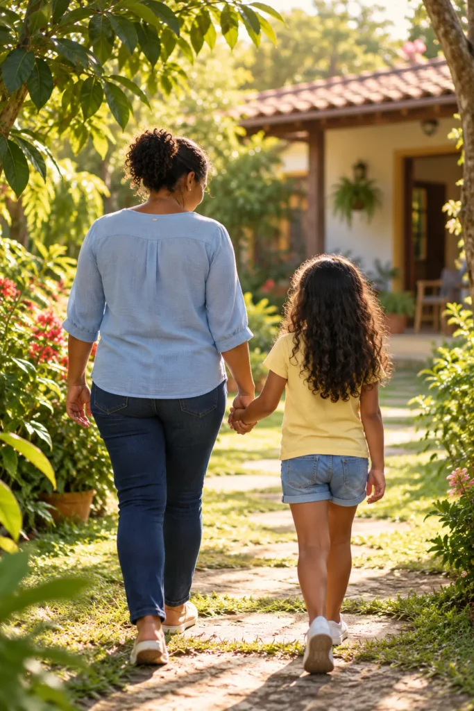 Imagem ilustrativa gerada por IA: cuidadora e criança caminhando de mãos dadas em um jardim.
