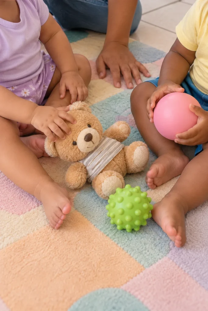 Imagem ilustrativa gerada por IA: duas crianças pequenas brincando em um tapete, acompanhadas por um adulto, sem rostos visíveis.