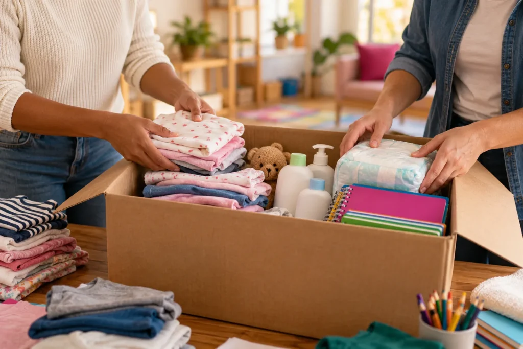 Imagem ilustrativa gerada por IA: voluntários organizando roupas, materiais escolares e itens de higiene para doação.
