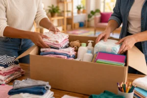 Imagem ilustrativa gerada por IA: voluntários organizando roupas, materiais escolares e itens de higiene para doação.