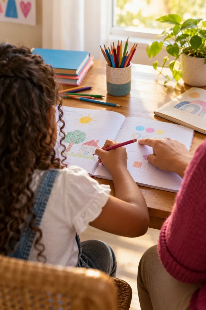 Imagem ilustrativa gerada por IA: criança recebendo apoio de um adulto durante uma atividade educativa.