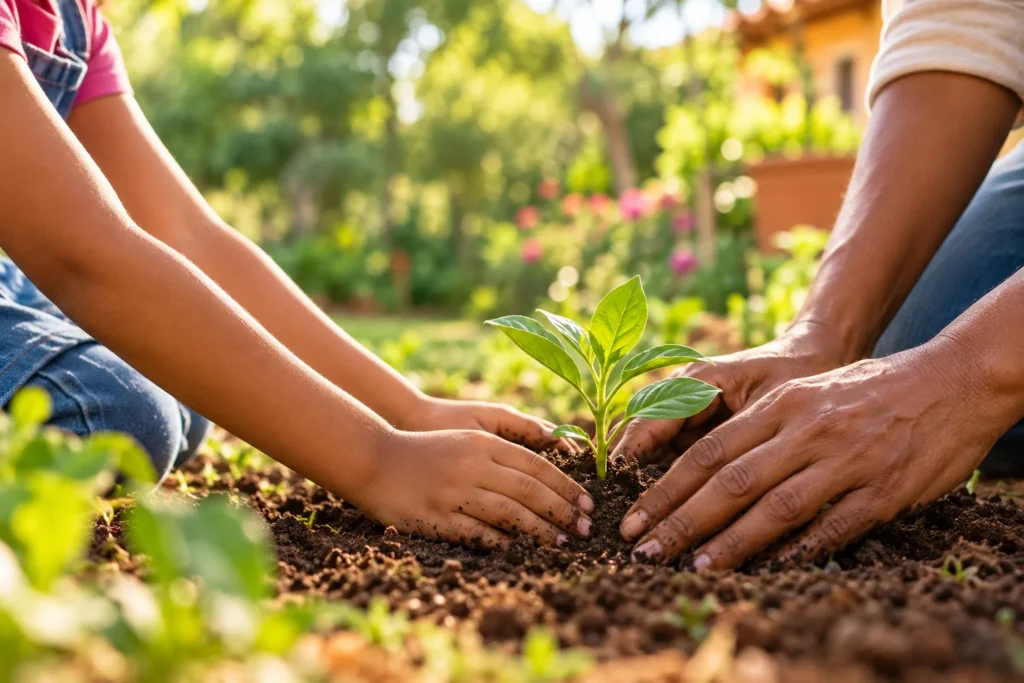 Imagem ilustrativa gerada por IA: mãos de uma criança e de um adulto plantando uma muda, simbolizando cuidado e novos caminhos.