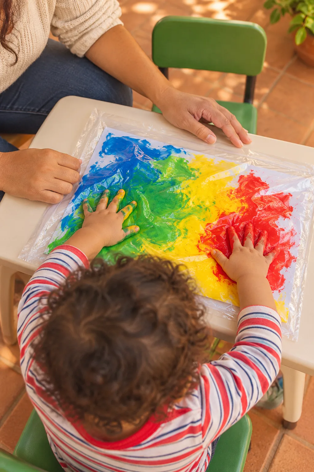Imagem ilustrativa gerada por IA, inspirada nas atividades da Semear: criança explorando tintas coloridas com acompanhamento de um adulto.