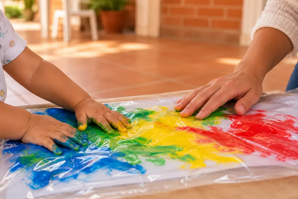 Imagem ilustrativa gerada por IA, inspirada nas atividades da Semear: mãos de criança e adulto explorando uma pintura sensorial colorida.